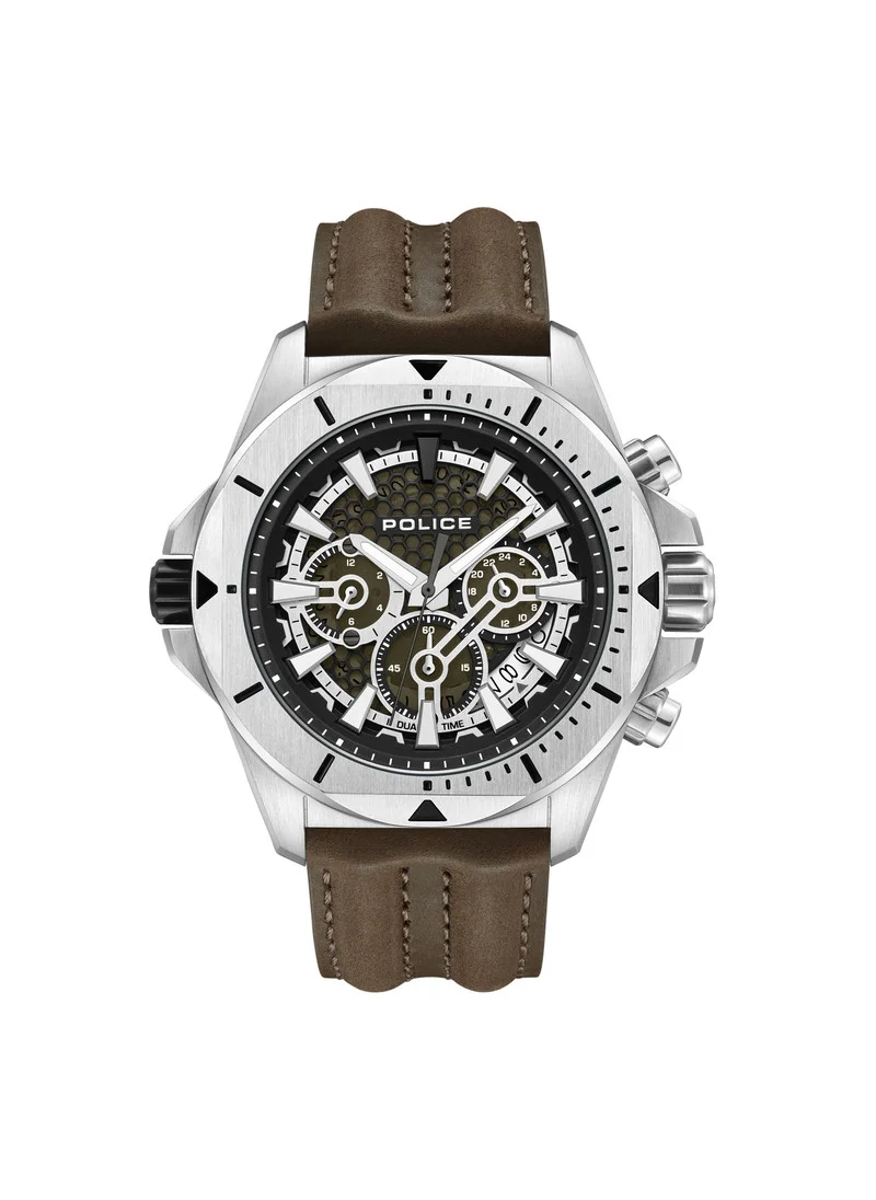 بوليس Electrical Khaki Green Dial Brown Leather Strap Gents Chronograph Watch With Stainless Steel Case