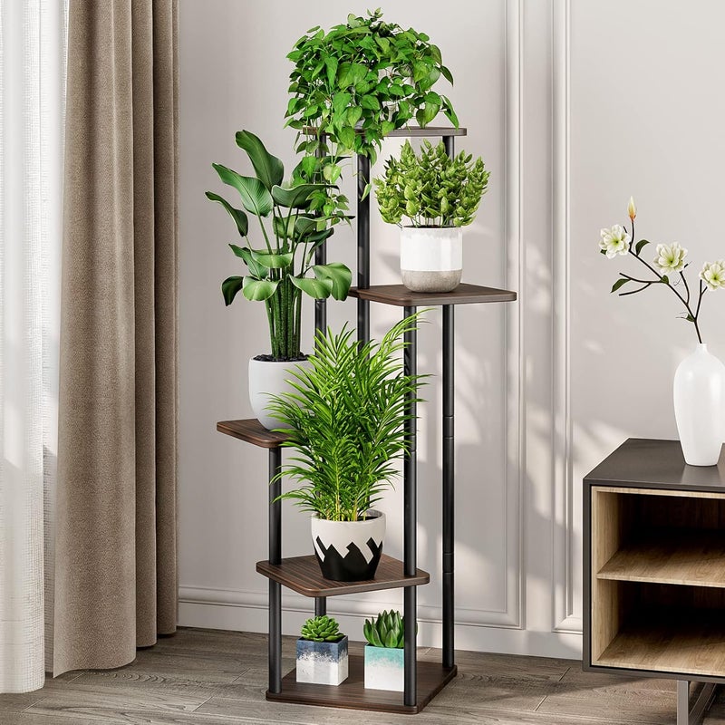 AZERPIAN Plant Stand 5 Tier Indoor Metal Flower Shelf for Multiple Plants Corner Tall Flower Holders for Patio Garden Living Room Balcony Bedroom, Black Oak (5 Tier-Black Oak) - Image 1