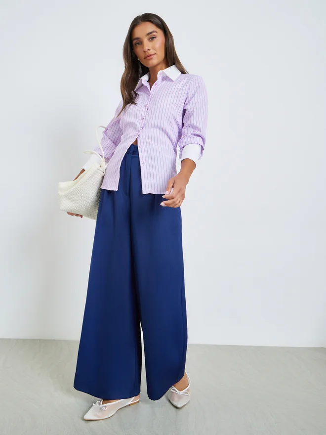 Styli Light Pink Contrast Cuff Pinstripe Shirt