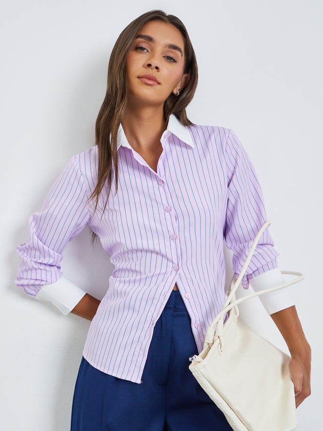 Styli Light Pink Contrast Cuff Pinstripe Shirt - Image 1