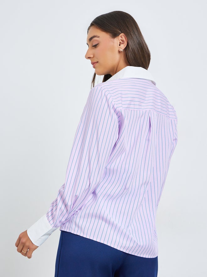 Styli Light Pink Contrast Cuff Pinstripe Shirt - Image 5