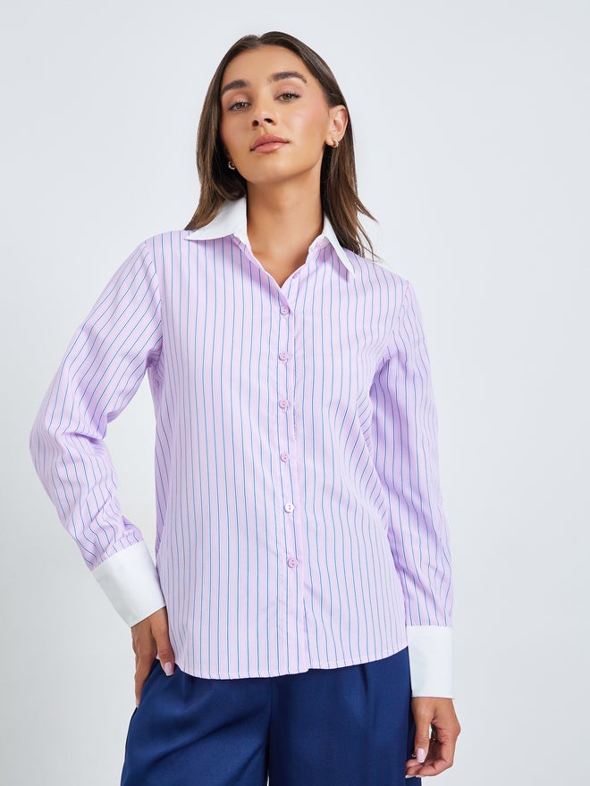 Styli Light Pink Contrast Cuff Pinstripe Shirt - Image 3
