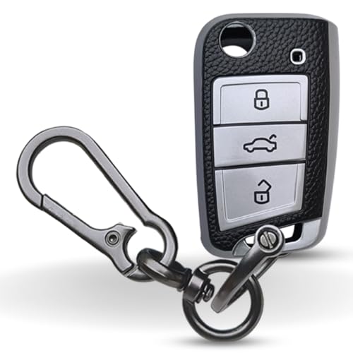 KEYCEPT TPU Leather Key Cover for Skoda and Volkswagen - Kushaq | Octavia | Kodiaq | Superb | Slavia | Passat | Taigun | Tiguan | Virtus | T ROC 3 Button flip Key. (Type 1, Silver) - Image 1