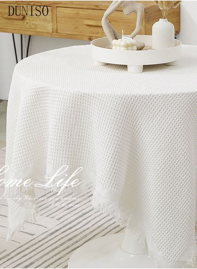 Checkerd Pattern Tassel Cotton Linen Table Cloth For Dinning Room And Kitchen 130CM
