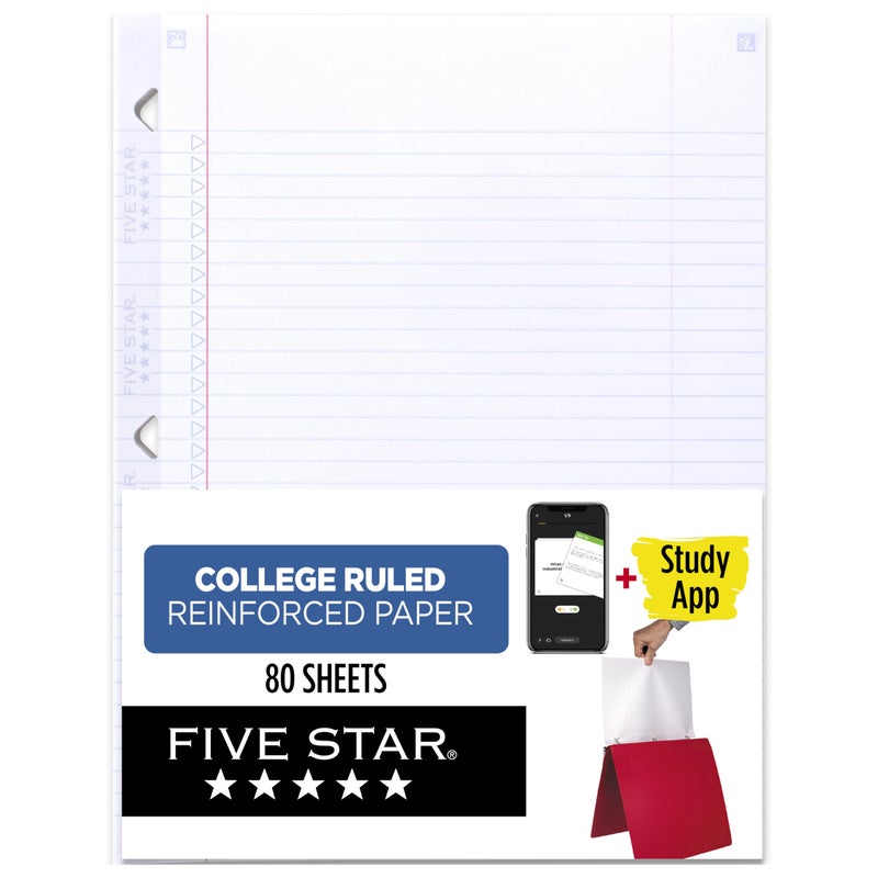 Five Star Loose Leaf Paper + Study App, College Ruled Filler Notebook Paper, Reinforced, Fights Ink Bleed, 8-1/2" x 11", 80 Sheets (170102) - Image 1