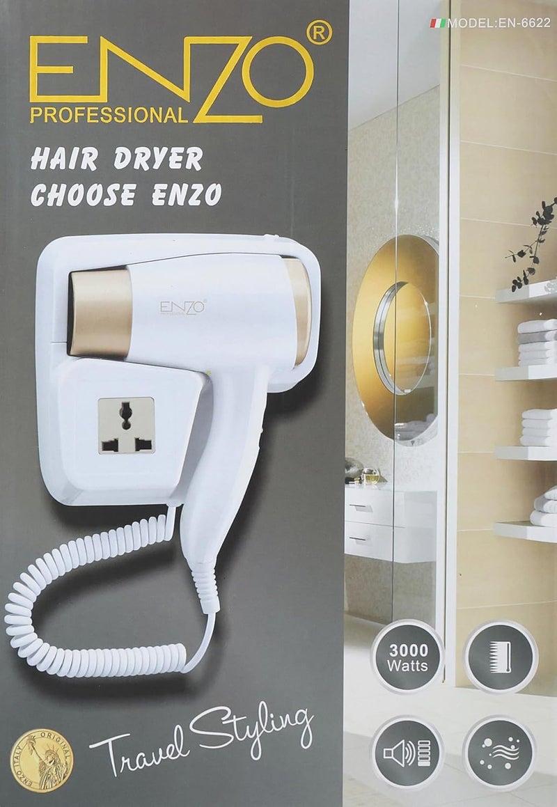 ENZO 1500 Watt Wall Mount Hair Dryer for Bathroom Hotel White * Gold - Image 2