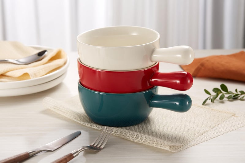 Kook French Onion Soup Crocks, Stackable Ceramic Bowls with Handles, Oven, Microwave and Dishwasher Safe, for Cereal, Soups, Casseroles, with Handle, Stoneware, 24 oz, Set of 4, White - Image 3