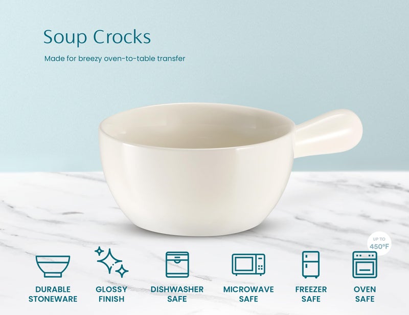 Kook French Onion Soup Crocks, Stackable Ceramic Bowls with Handles, Oven, Microwave and Dishwasher Safe, for Cereal, Soups, Casseroles, with Handle, Stoneware, 24 oz, Set of 4, White - Image 5