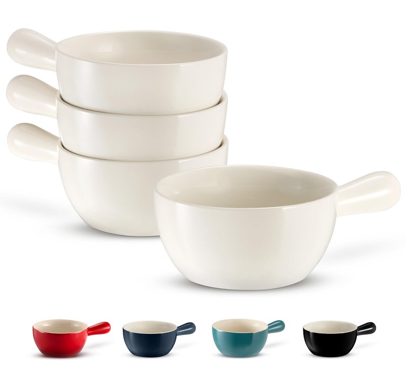Kook French Onion Soup Crocks, Stackable Ceramic Bowls with Handles, Oven, Microwave and Dishwasher Safe, for Cereal, Soups, Casseroles, with Handle, Stoneware, 24 oz, Set of 4, White - Image 1