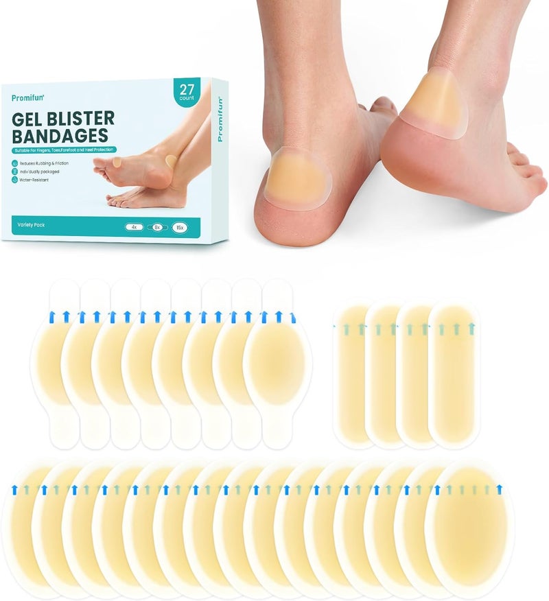 Promifun Hydrocolloid Gel Blister Bandages Pads  Promifun Blister Cushions  Water Resistant Hydrocolloid Bandage for Foot Toe Heel  Gel Blister Bandages for Prevention  Recovery 27 ct Variety Pack - Image 1