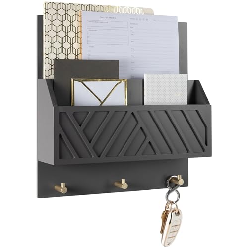 BLU MONACO Wall-Mounted Mail and Key Holder – Grey Wooden 2-Tier Organizer for Entryway or Office – Hanging Command Center - Image 1