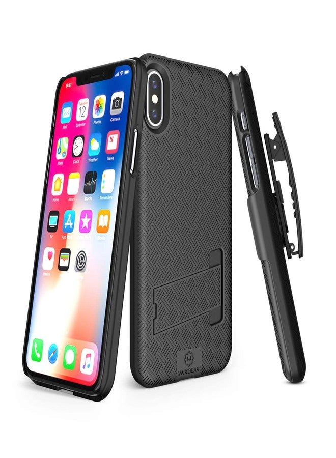 ويزجير جراب حماية لهاتف iPhone X/XS، جراب WixGear Slim Shell Combo لهاتف Apple iPhone X/XS/iPhone 10 مع حامل ومشبك حزام دوار - أسود - Image 1