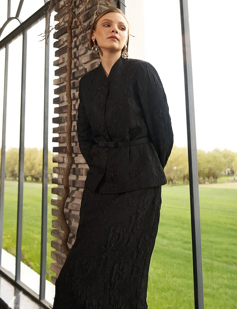 Kayra Belted Jacquard Jacket Black