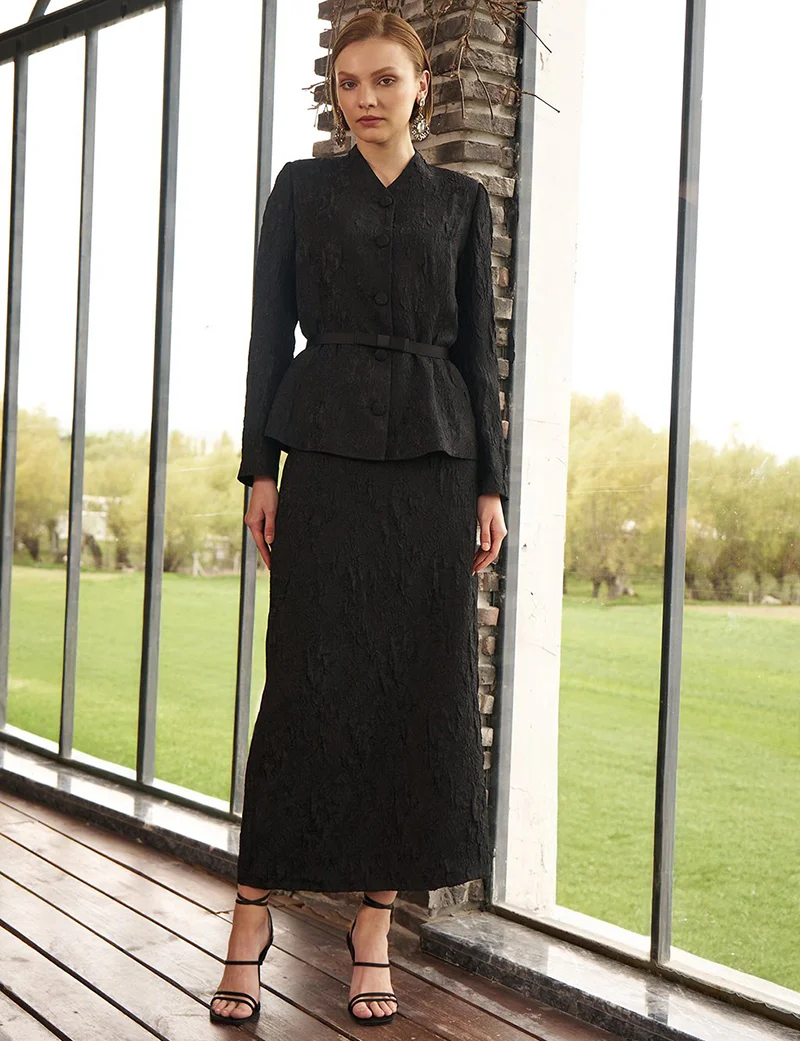 Kayra Belted Jacquard Jacket Black