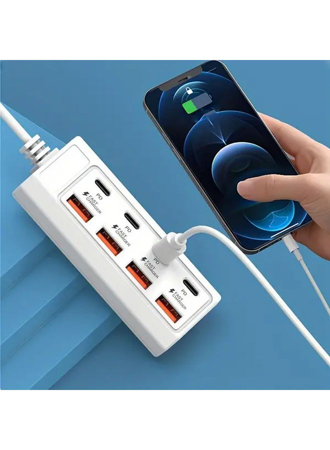 8 In 1 Smart Power Strip Charger Station With PD Fast Charging 25W 4A 4C Ports 8 Device Charging Hub Compact Wall Outlet For Smartphones Tablets Laptops White - Image 1