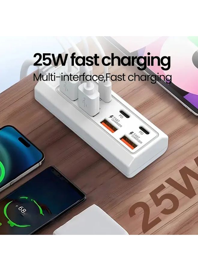 8 In 1 Smart Power Strip Charger Station With PD Fast Charging 25W 4A 4C Ports 8 Device Charging Hub Compact Wall Outlet For Smartphones Tablets Laptops White - Image 5