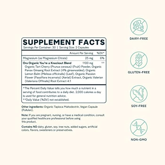 Ora Organic Natural Sleep Aid Supplement Stress Support Calming Herbal Blend with Melatonin from Tart Cherry - Includes Magnesium Citrate, Valerian Root, and Lemon Balm - 1 Month Supply, 60 Capsules - Image 4