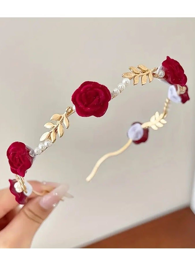 Goolsky Rose Faux Pearl Hair Hoop Princess Headwear For Holiday Birthday Party For Brides Ladies Girls, ideal choice for gifts - Image 2