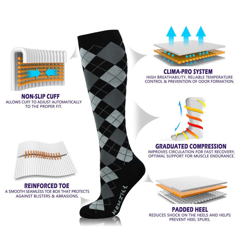 NEWZILL Medical Compression Socks for Women & Men, 20-30 mmHg Knee-High Support for Circulation, All-Day Comfort for Work Travel Running Cycling and Fitness (Black Gray Argyle, L/XL) - Image 3