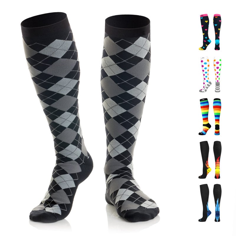 NEWZILL Medical Compression Socks for Women & Men, 20-30 mmHg Knee-High Support for Circulation, All-Day Comfort for Work Travel Running Cycling and Fitness (Black Gray Argyle, L/XL) - Image 1