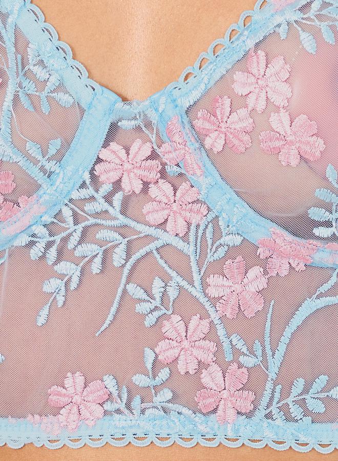 Styli Styli Floral Embroidered Mesh Underwired Longline Bra and Brazilian Brief Set  - Image 2