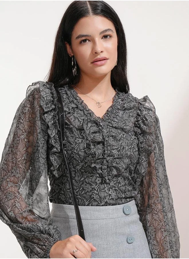Tokyo Talkies Floral Print Ruffles Detail Balloon Sleeve Georgette Top by Styli