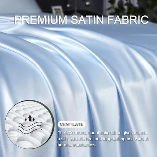 Revdomfly 4 Pcs Full Size Luxury Silky Soft Baby Blue Satin Sheet Set,1 Premium Moisture Wicking Fitted Sheet Fits Up to 16 Inches Deep Pocket + 1 Flat Sheet + 2 Pillowcases（Baby Blue, Full） - Image 5