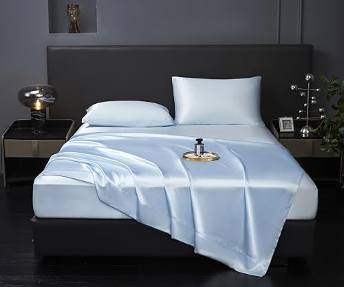 Revdomfly 4 Pcs Full Size Luxury Silky Soft Baby Blue Satin Sheet Set,1 Premium Moisture Wicking Fitted Sheet Fits Up to 16 Inches Deep Pocket + 1 Flat Sheet + 2 Pillowcases（Baby Blue, Full） - Image 1
