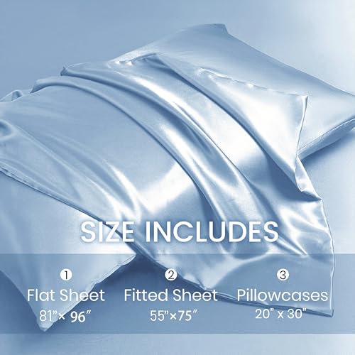 Revdomfly 4 Pcs Full Size Luxury Silky Soft Baby Blue Satin Sheet Set,1 Premium Moisture Wicking Fitted Sheet Fits Up to 16 Inches Deep Pocket + 1 Flat Sheet + 2 Pillowcases（Baby Blue, Full） - Image 4
