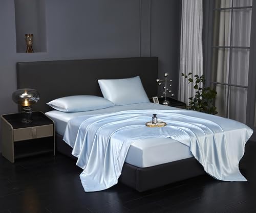 Revdomfly 4 Pcs Full Size Luxury Silky Soft Baby Blue Satin Sheet Set,1 Premium Moisture Wicking Fitted Sheet Fits Up to 16 Inches Deep Pocket + 1 Flat Sheet + 2 Pillowcases（Baby Blue, Full） - Image 2