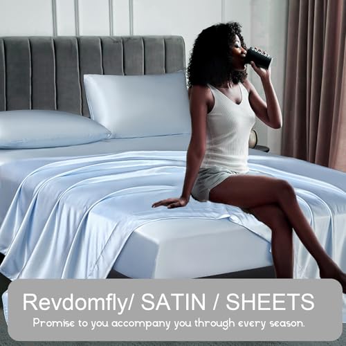 Revdomfly 4 Pcs Full Size Luxury Silky Soft Baby Blue Satin Sheet Set,1 Premium Moisture Wicking Fitted Sheet Fits Up to 16 Inches Deep Pocket + 1 Flat Sheet + 2 Pillowcases（Baby Blue, Full） - Image 3