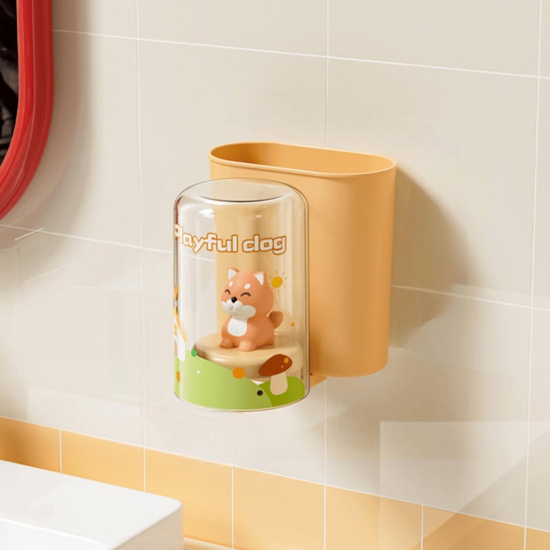 LXOICE Toothbrush Holder Plastic Stand for Toothpaste, Comb, Brush, Cream, Lotion Kids Bathroom Cup Drain Waterproof Self-Adhesive, Comes with Soft Dog Toy (Orange, Junior Cup) - Image 1
