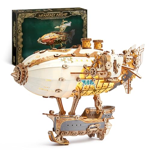 FUNPOLA LED 3D Wood Puzzle Fantasy Airship Model Steampunk DIY Craft Kit with LED Lights Intricate Wooden Airship Model Building Set for Teens and AdultsWhite - Image 1