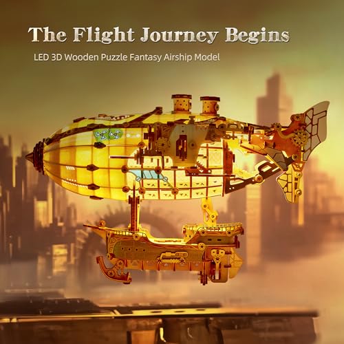 FUNPOLA LED 3D Wood Puzzle Fantasy Airship Model Steampunk DIY Craft Kit with LED Lights Intricate Wooden Airship Model Building Set for Teens and AdultsWhite - Image 5