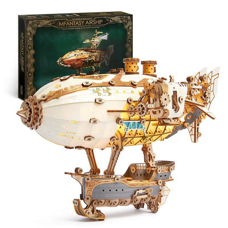 FUNPOLA LED 3D Wood Puzzle Fantasy Airship Model Steampunk DIY Craft Kit with LED Lights Intricate Wooden Airship Model Building Set for Teens and AdultsWhite - Image 3