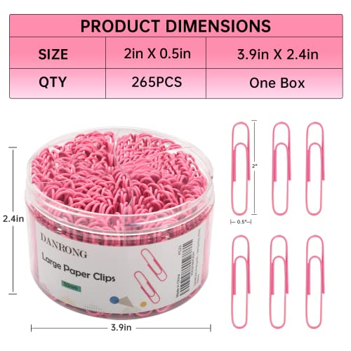 DANRONG Pink Jumbo Paper Clips, 265pcs 2 Inch Paperclips,Large Pape Clips for Paperwork Ideal for Home, School and Office Use (2 in, Pink) - Image 2