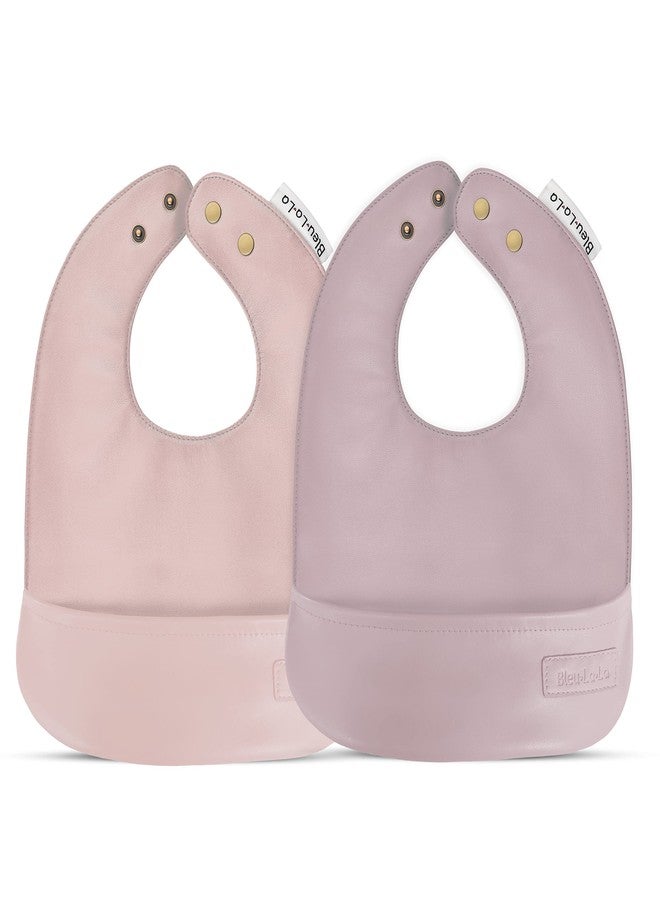 Bleu La La Vegan Leather Easy Clean Baby Bibs with Pocket and Snaps for Infants 0-12 Months (Blush Pink + Mauve) - Image 1