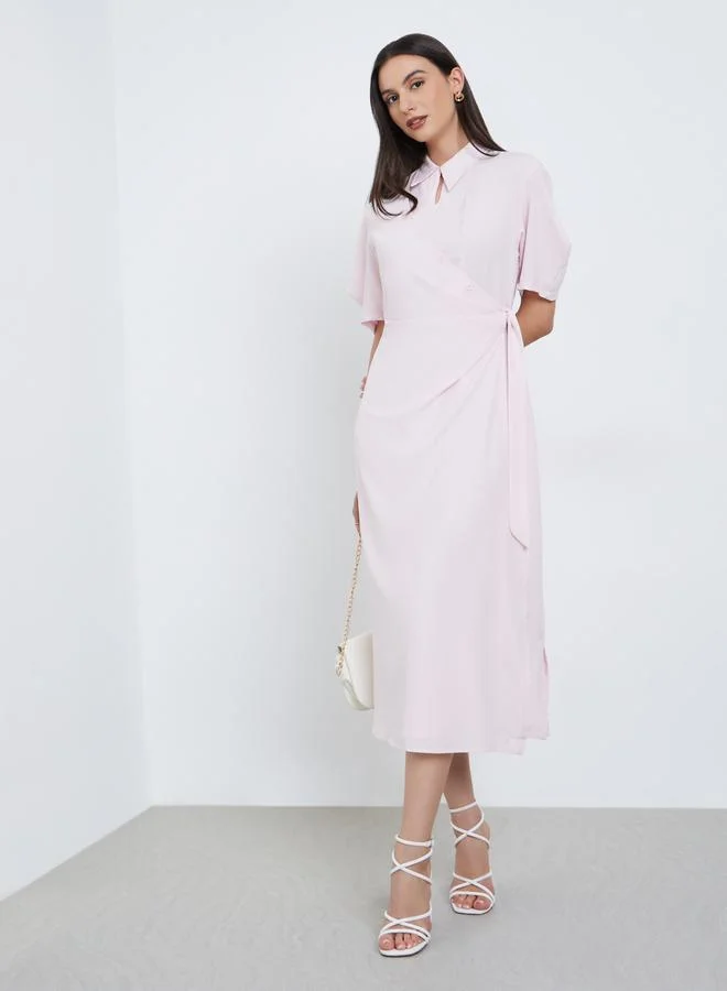 Styli Light Pink Midi Wrap Dress