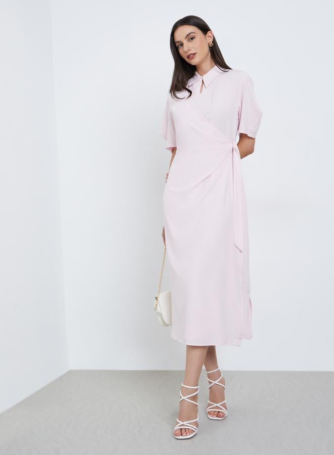 Styli Light Pink Midi Wrap Dress - Image 2