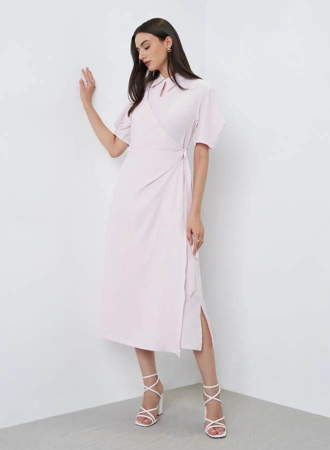 Styli Light Pink Midi Wrap Dress