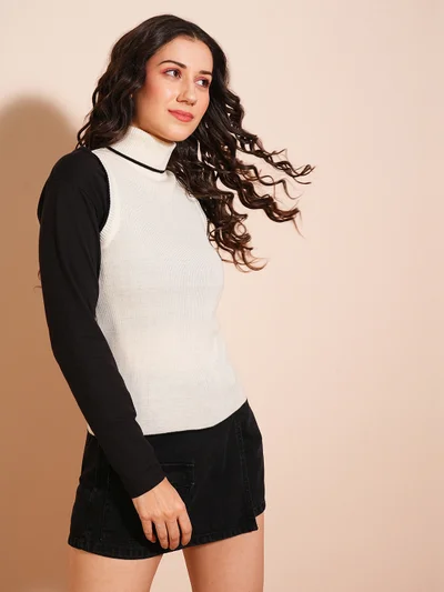 globus Women Turtle Neck Ribbed Vest Style Sweater