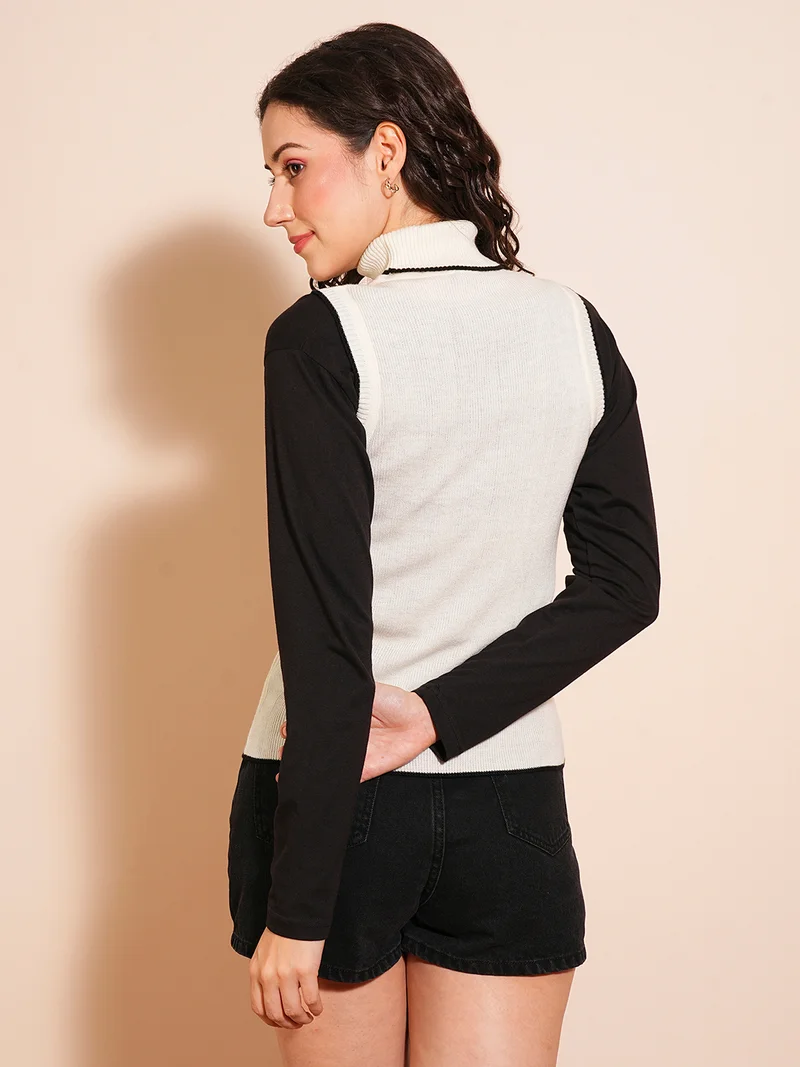 globus Women Turtle Neck Ribbed Vest Style Sweater