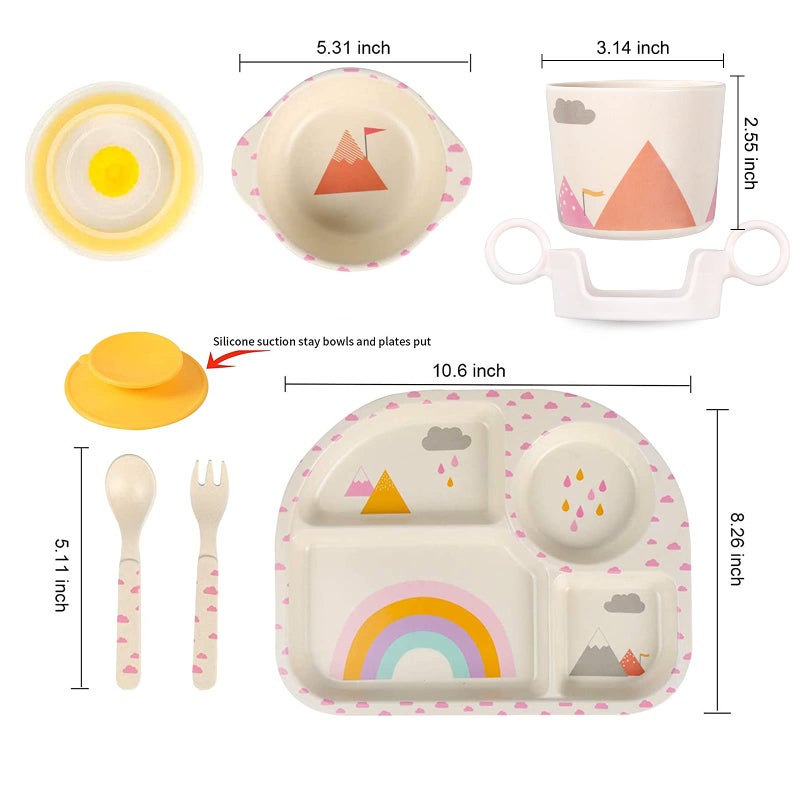 shopwithgreen 7Pcs/Set Bamboo Kids Dinnerware Set - Children Dishes - Food Plate Bowl Cup Spoon Fork Set Dishware, Cartoon Tableware, Dishwasher Safe Kids Healthy Mealtime, BPA Free - Image 2