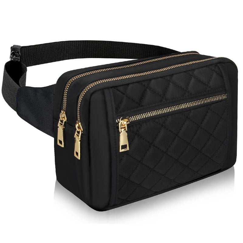 Voikukka Cute Large Black Fanny Packs for Women Cross Body Waist Bag Nylon Fashionable Fanny Pack Designer Workout Hiking Waist Pack Running Travel Gym Pretty Zipper Fashion Quilted Womens Fanny Pack - Image 1