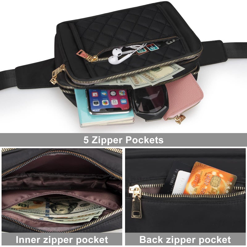 Voikukka Cute Large Black Fanny Packs for Women Cross Body Waist Bag Nylon Fashionable Fanny Pack Designer Workout Hiking Waist Pack Running Travel Gym Pretty Zipper Fashion Quilted Womens Fanny Pack - Image 4