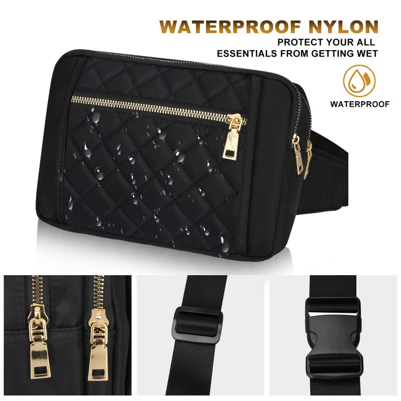 Voikukka Cute Large Black Fanny Packs for Women Cross Body Waist Bag Nylon Fashionable Fanny Pack Designer Workout Hiking Waist Pack Running Travel Gym Pretty Zipper Fashion Quilted Womens Fanny Pack - Image 2