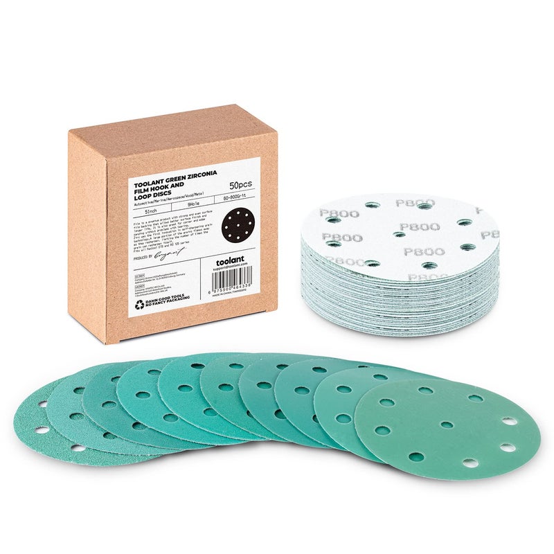 5 Inch 9 Hole Assorted Sanding Disc Hook and Loop Film Backing Sanding Discs Compatible with Festool Sanders by toolant 50 Pack 60800 Grit