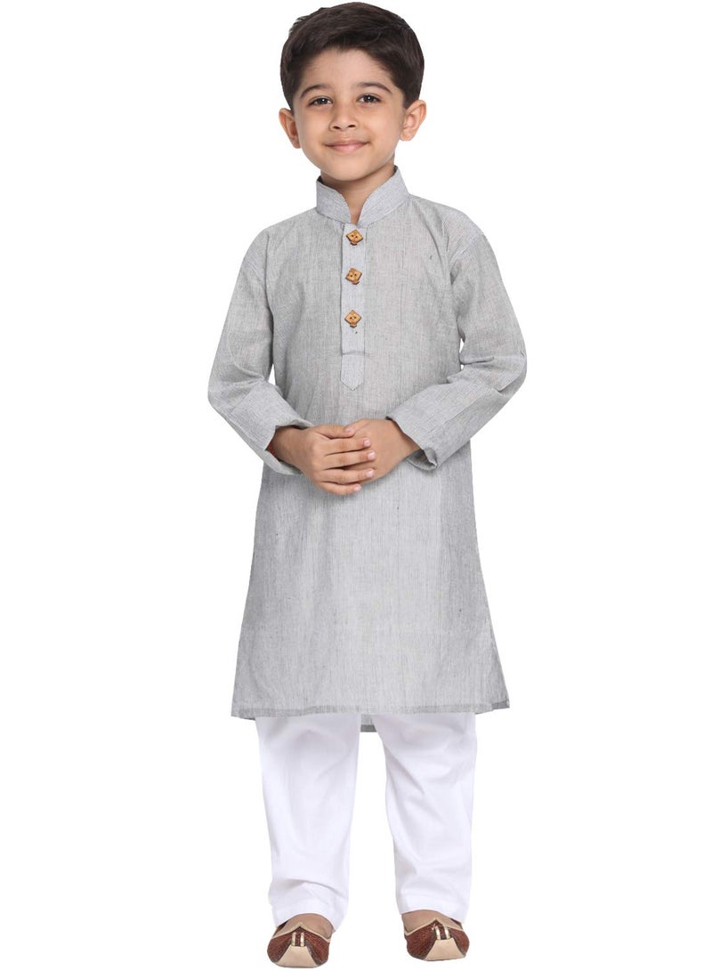 JBN Creation Boys Pure Cotton Ash Grey and White Kurta Pyjama Set - Ethnic Elegance for Festivals | Comfortable Traditional Pure south handloom cotton kurta pyjama for Kids_JBNBK070GYnPWH_36 - Image 1
