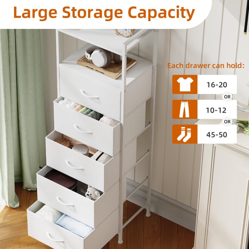 Somdot Tall Dresser for Bedroom, 5 Drawers Nightstand Vertical Storage Tower Unit, Night Stand Furniture with Fabric Drawer Organizer in Bedside Hallway, Entryway, Kids Room, Closet, White Leather - Image 5