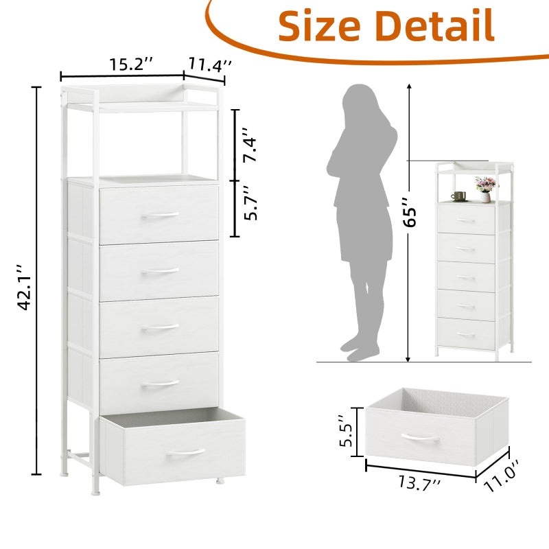 Somdot Tall Dresser for Bedroom, 5 Drawers Nightstand Vertical Storage Tower Unit, Night Stand Furniture with Fabric Drawer Organizer in Bedside Hallway, Entryway, Kids Room, Closet, White Leather - Image 3